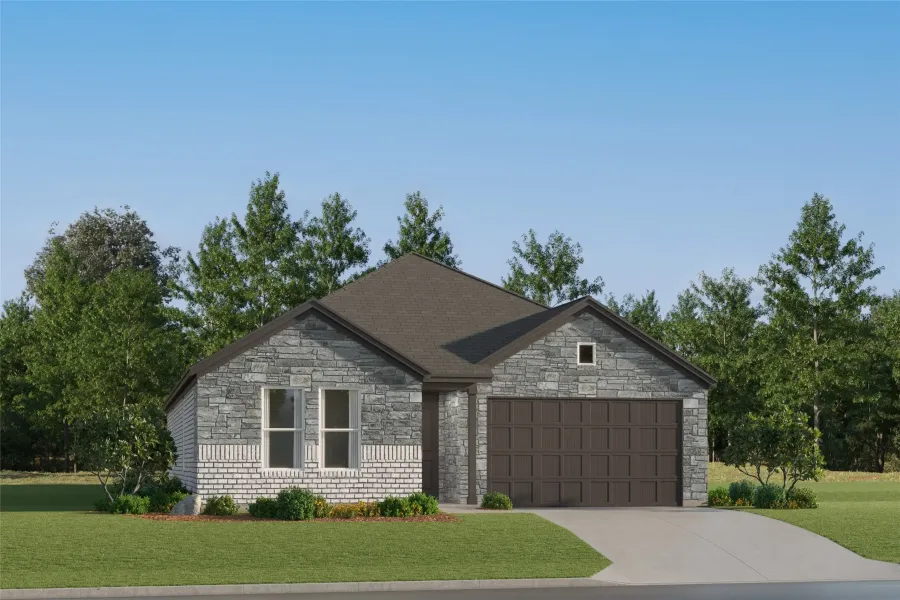 View of front facade with stone siding, an attached garage, a front yard, and concrete driveway