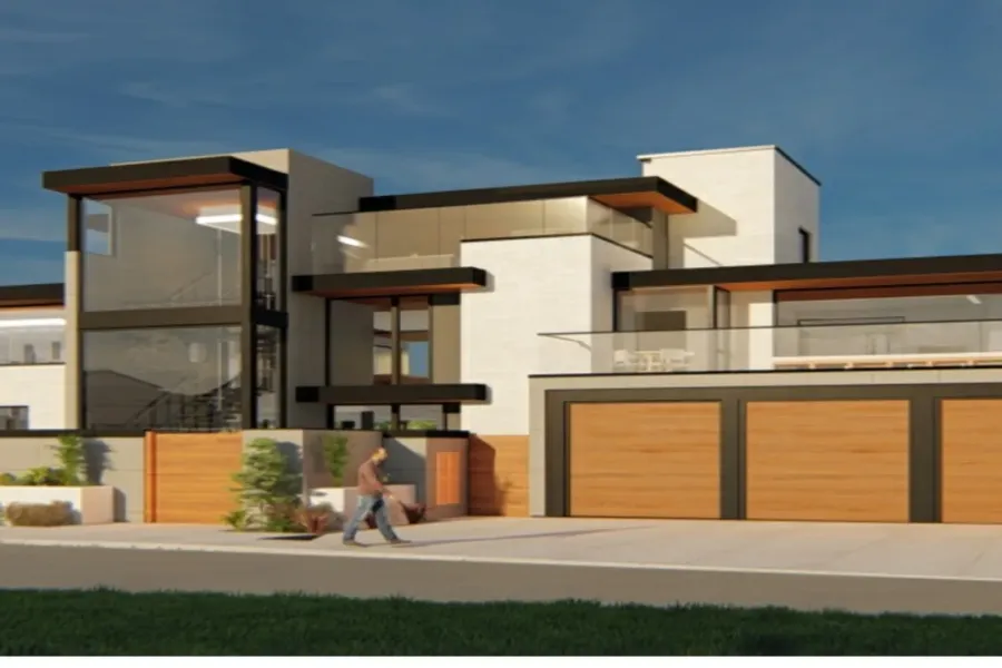 Modern architectural exterior featuring white brick and dark-framed windows.  Rendering of potential build.
