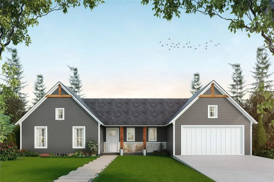 View of front of property featuring a yard, concrete driveway, covered porch, roof with shingles, and an attached garage