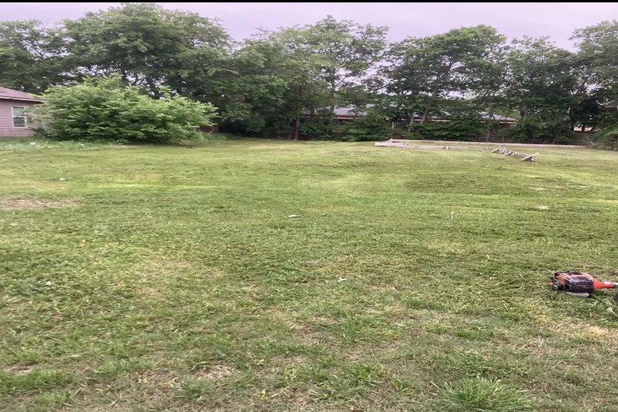 Expansive green lawn with mature trees bordering the perimeter
