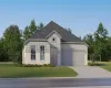 View of front of property with stone siding, a front lawn, concrete driveway, brick siding, and a shingled roof