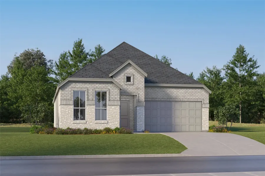 View of front of property with stone siding, a front lawn, concrete driveway, brick siding, and a shingled roof