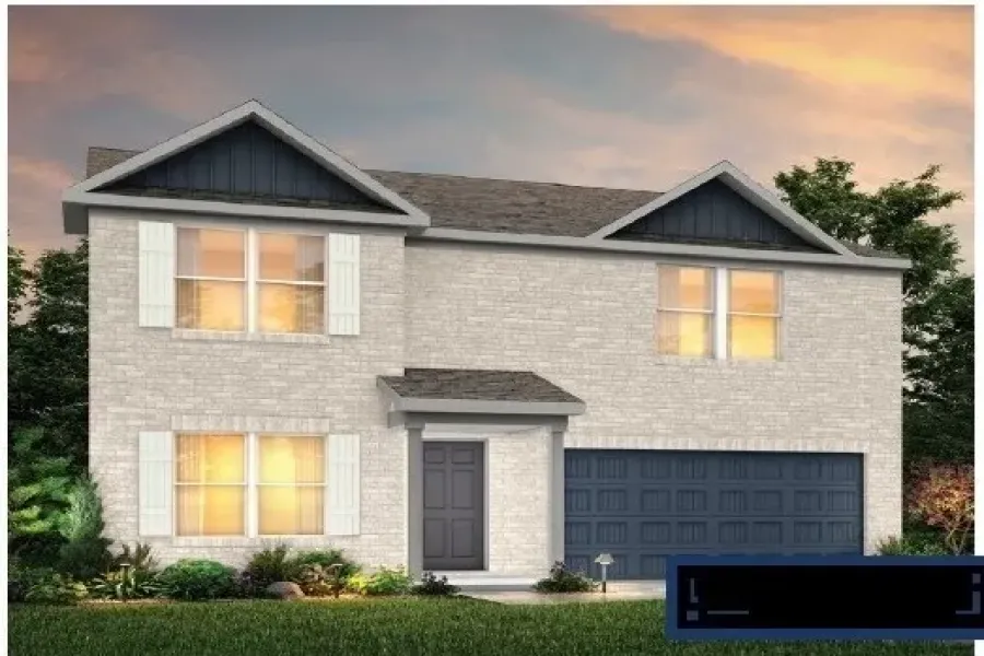 View of front facade with board and batten siding, an attached garage, brick siding, and a front yard