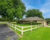 Ranch-style home with a fenced front yard, an attached garage, driveway, roof with shingles, and brick siding