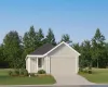 Ranch-style home with a front lawn, concrete driveway, an attached garage, and view of scattered trees